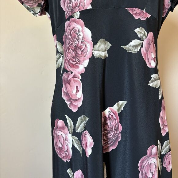 BYER TOO! Vintage 90s Black Floral Print Maxi Dress Empire Waist Key Hole Collar - Picture 4 of 11